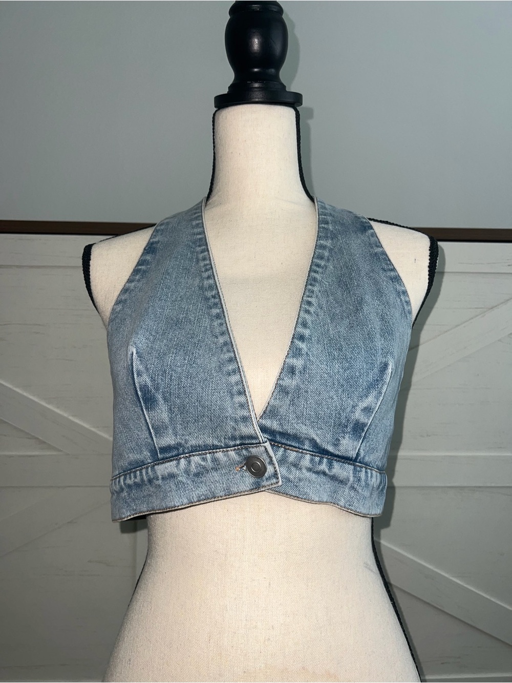 Sage Light Blue Denim Halter Crop Top